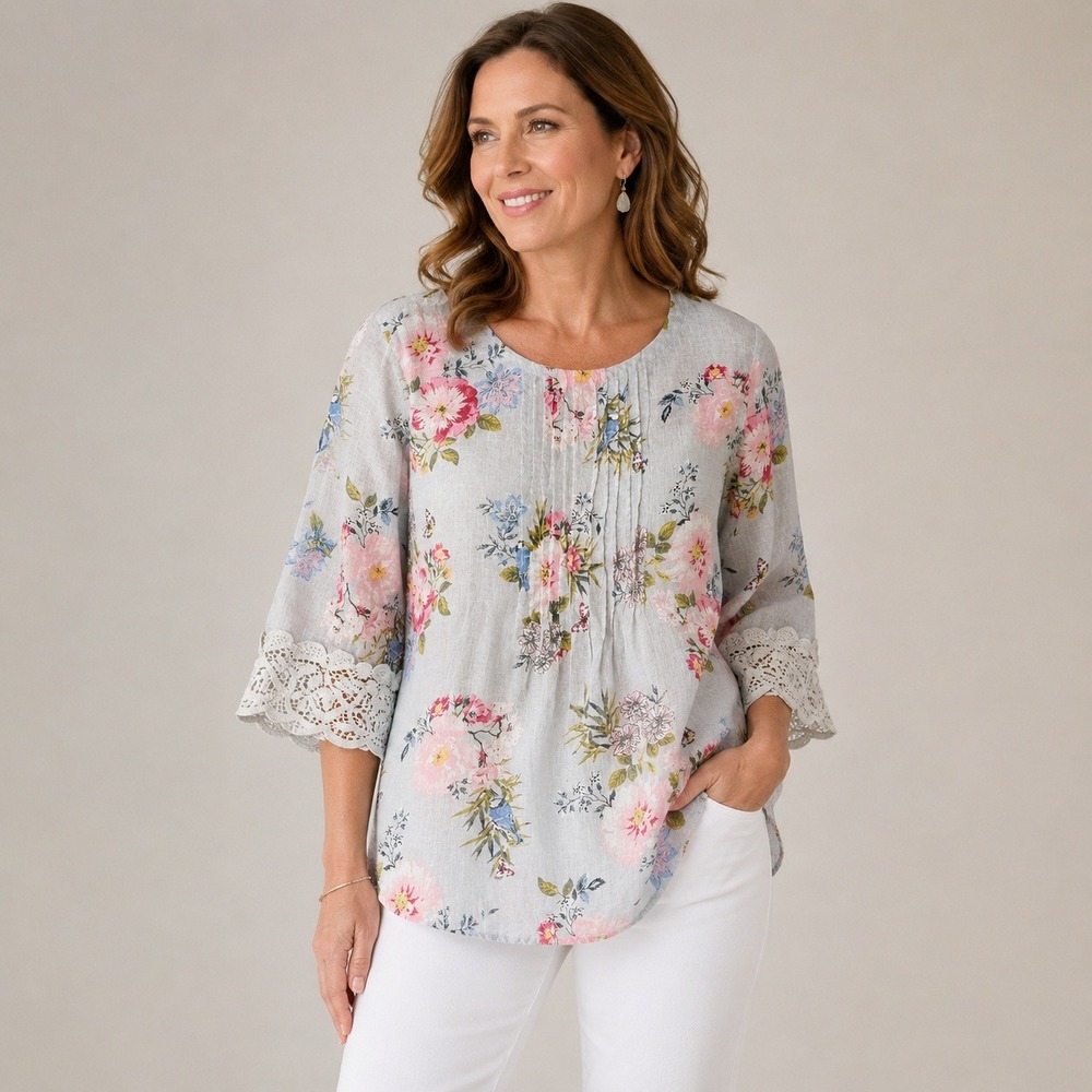 J.Jill Love Linen Floral Pintuck Blouse XL Bird Butterfly Crochet - Picture 1 of 8